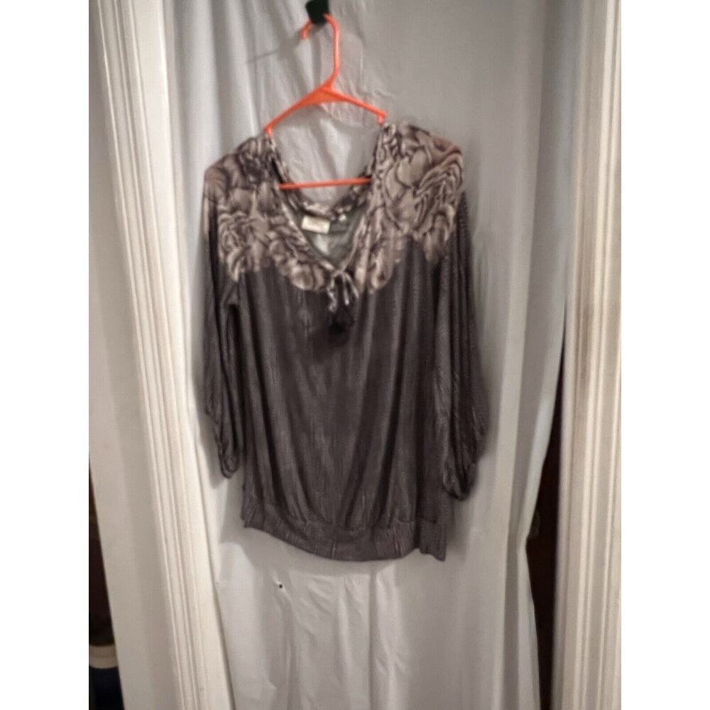 Deletta Anthropologie Gray Floral Striped Polka Dot Tassel Tie Top Size L Boho